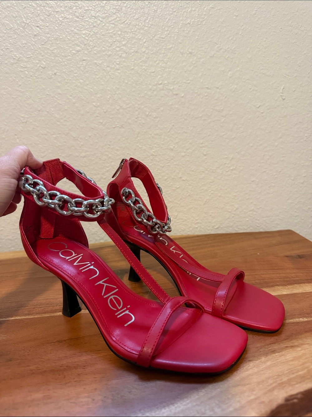 Calvin Klein Red Chain Ankle-Strap Heels